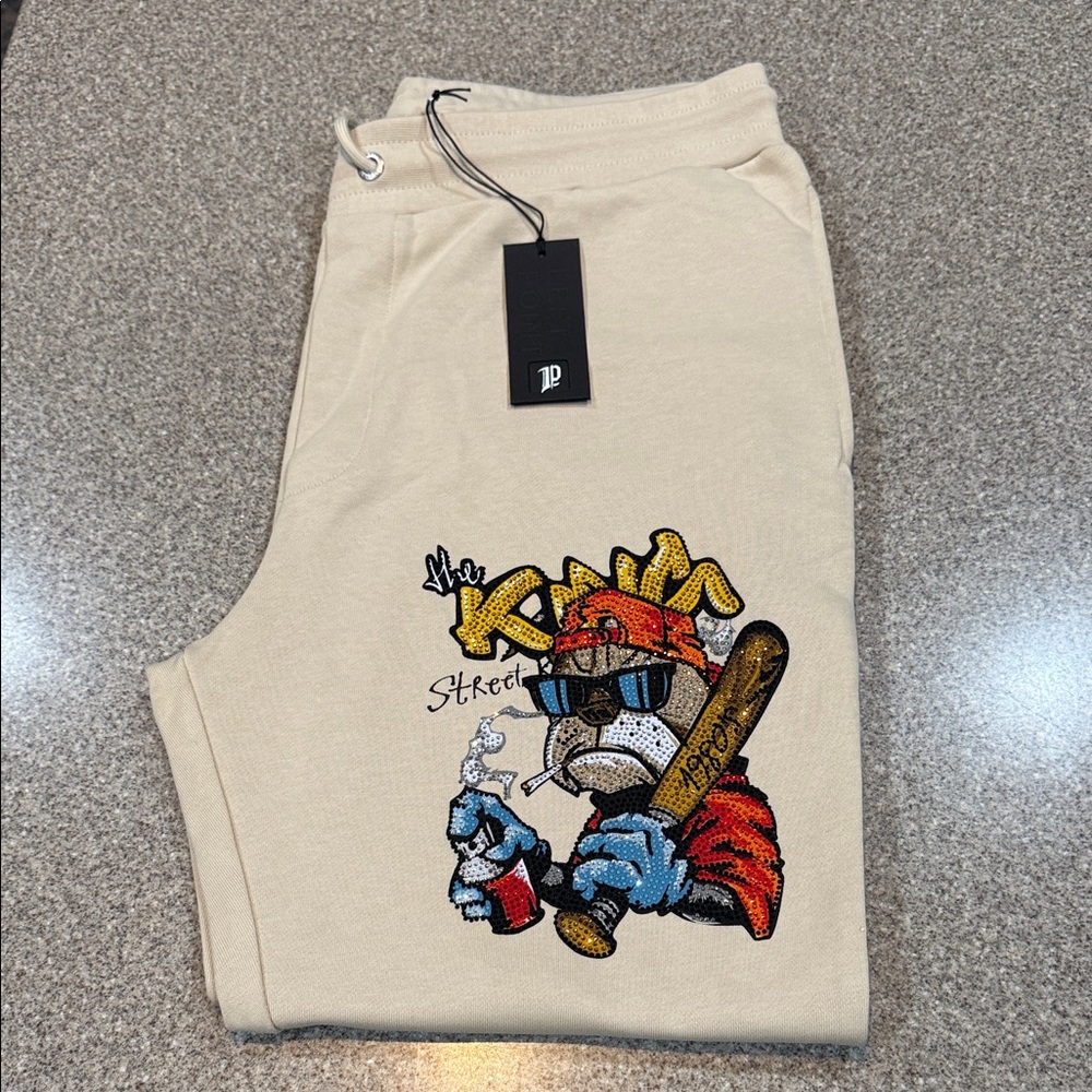 Left Point Sweatpants with Rhinestone Bulldog Graphic, Beige, 2XL, NWT!